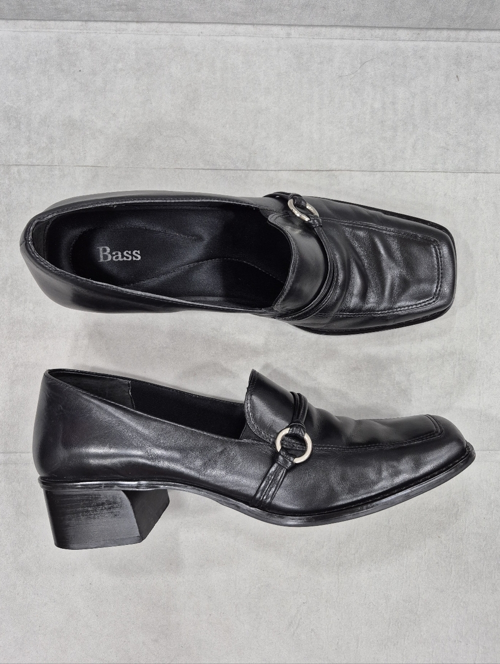 Y2K Bass Laverne loafers women's 11M black soft leather block heels square toe